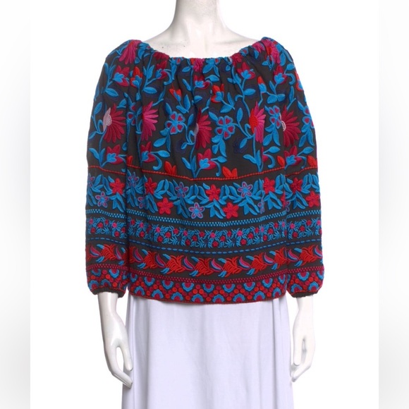 Tops - Embroidered Floral Women's Top - Black and Blue